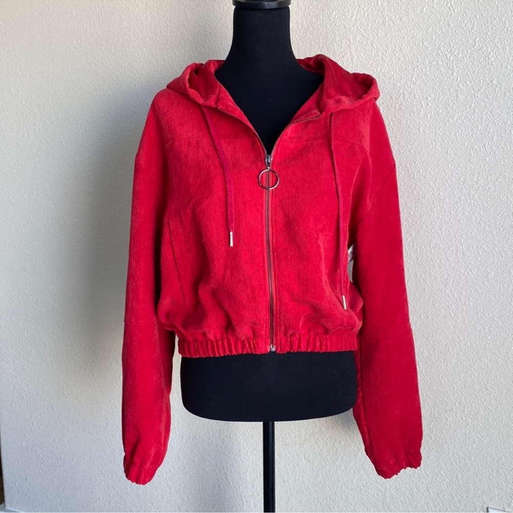 Red Bomber Jacket Corduroy Hooded - Large